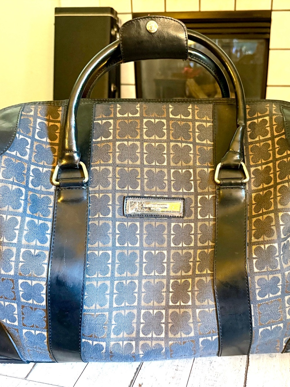 Liz Claiborne Black Printed Canvas Travel Duffel with Leather Trim